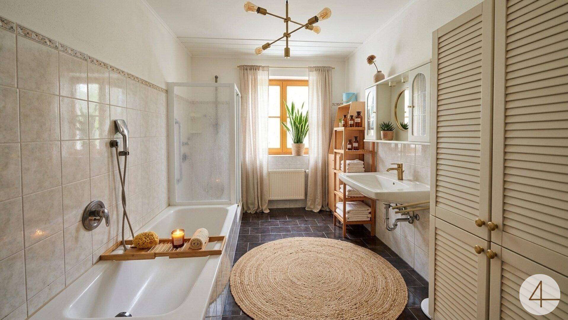 Modernes Badezimmer mit Badewanne, Duschkabine, Einzelwaschbecken und Fenster.