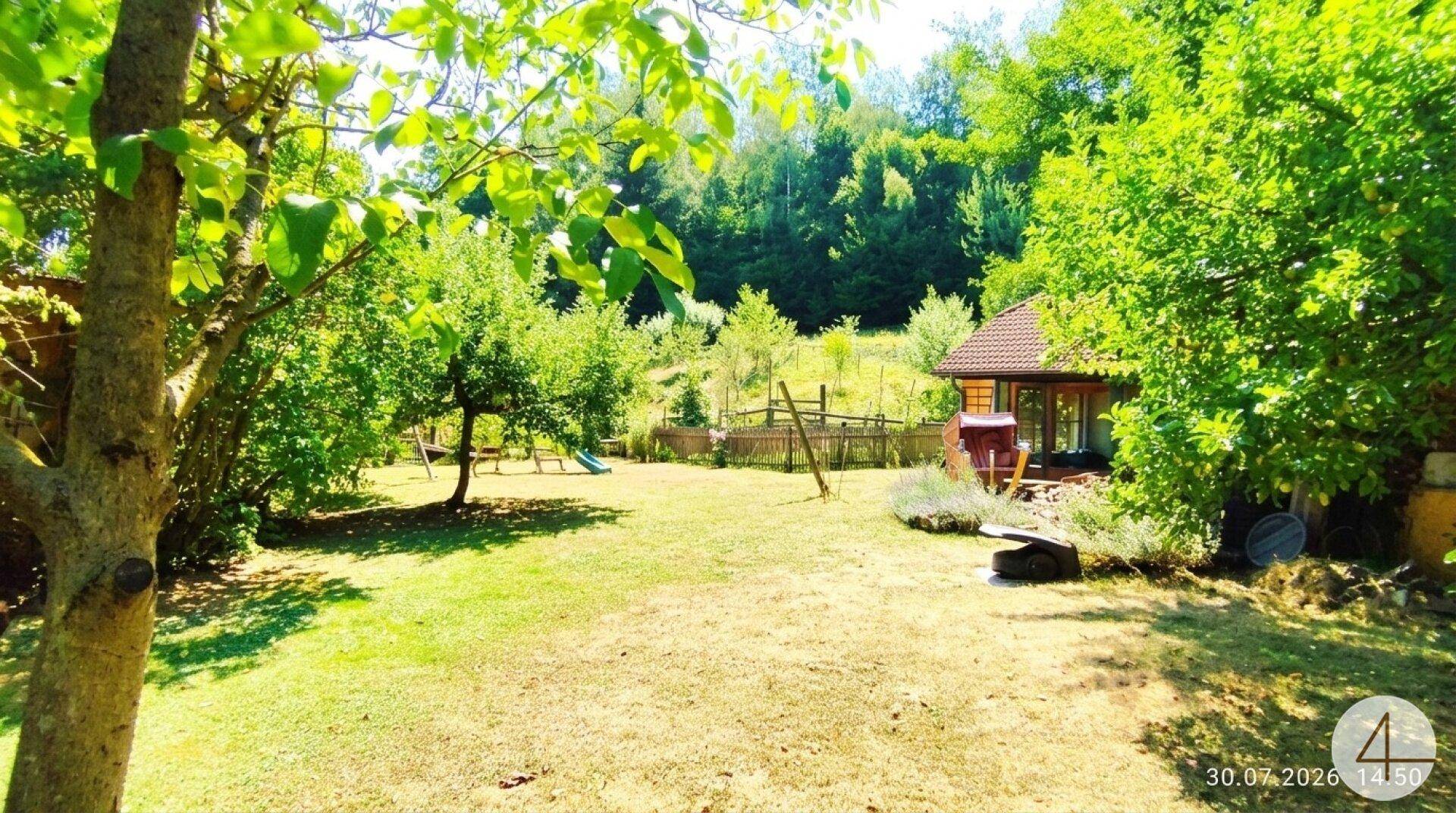 Großer, sonniger Garten mit Rasenfläche, altem Baumbestand und Spielgeräten im Grünen.