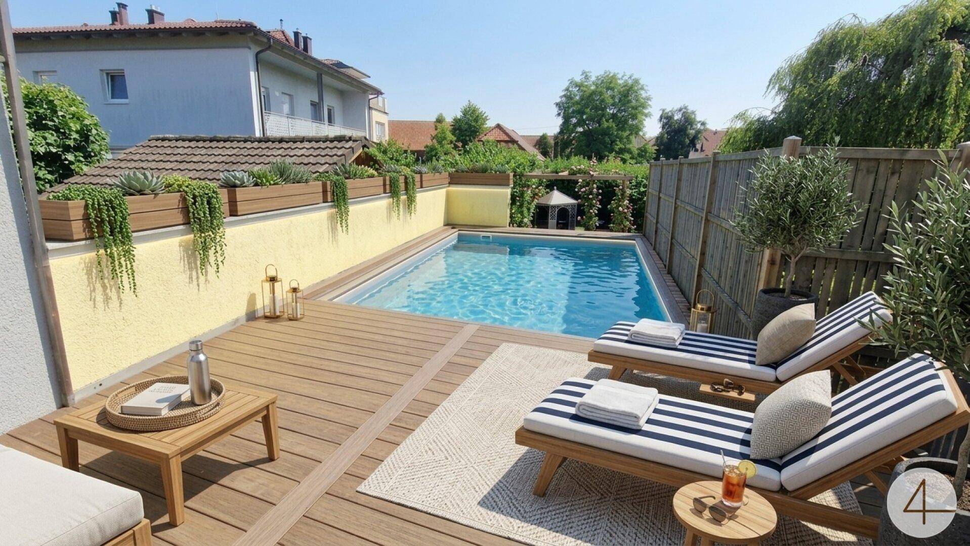 Sonniger Außenbereich mit Pool, Holzterrasse und bequemen Liegestühlen zum Entspannen.