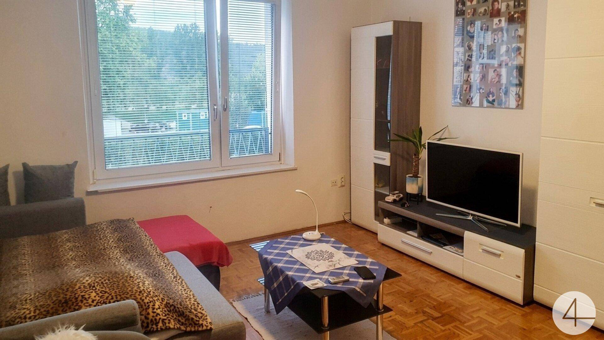 Geräumiges Wohnzimmer mit bequemer Couch, TV-Bereich und weitem Blick ins Grüne.
