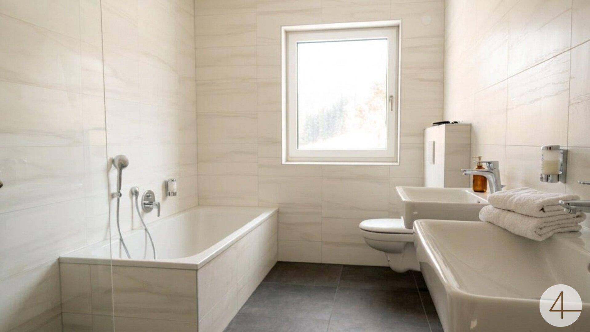 Helles Badezimmer mit Badewanne, WC, Waschbecken und Fenster für Tageslicht in modernem Stil.