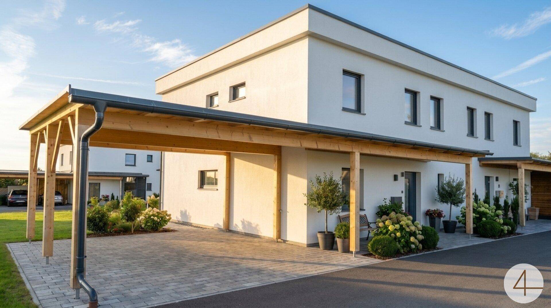 Modernes Einfamilienhaus mit weißer Fassade, Flachdach und Holzcarport unter blauem Himmel.