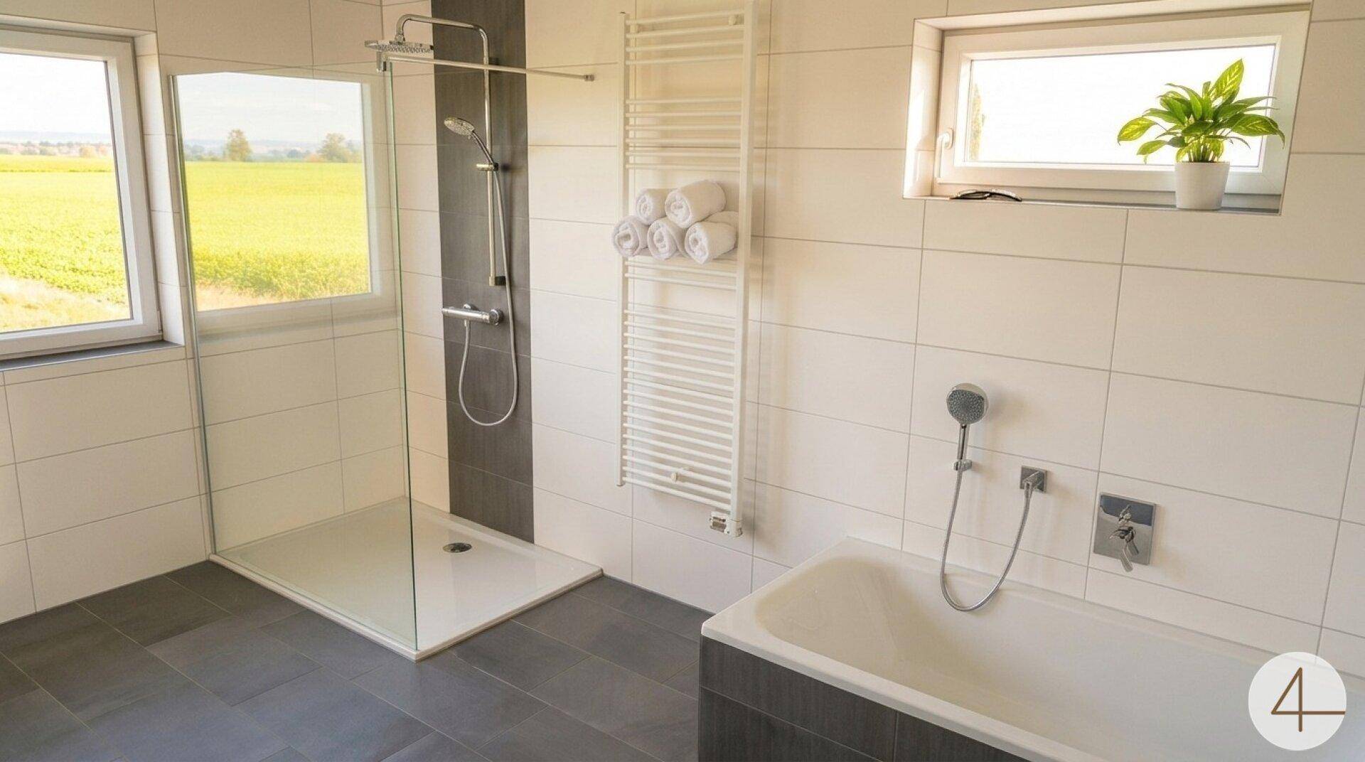 Modernes Badezimmer mit ebenerdiger Dusche, Badewanne und zwei Fenstern mit Blick ins Grüne.