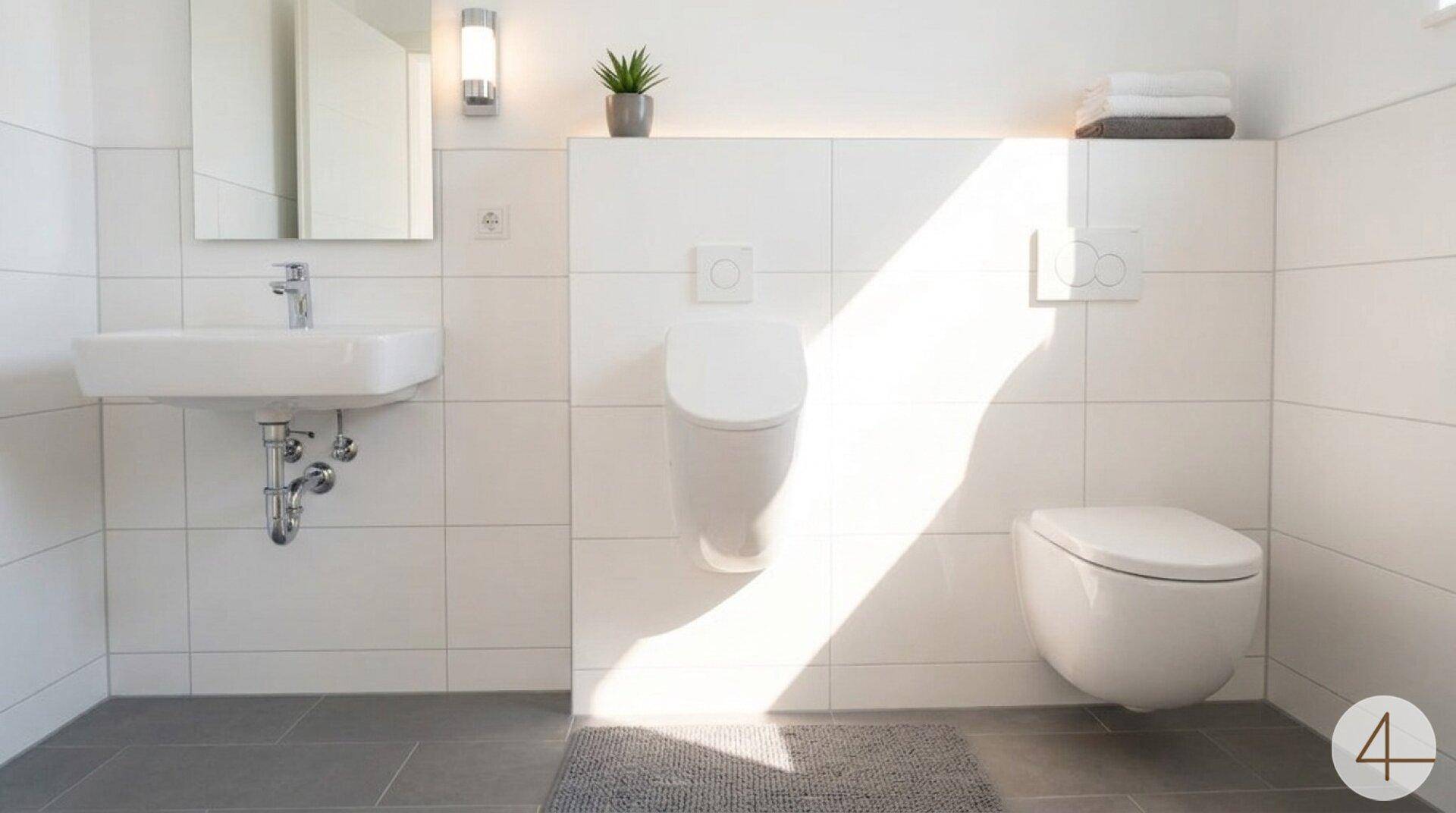 Modernes Gäste-WC mit wandhängendem Urinal, Toilette, Waschbecken und Spiegelschrank.