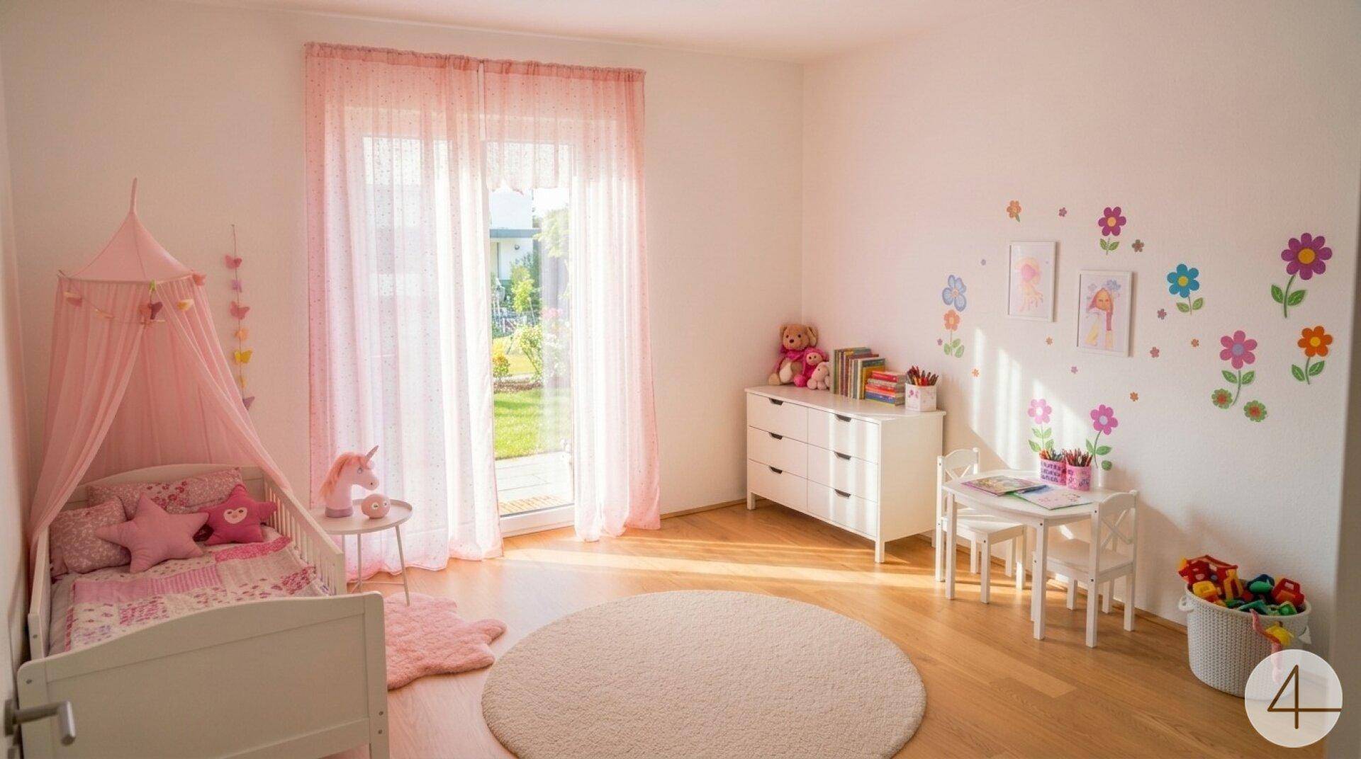 Helles Kinderzimmer mit rosa Himmelbett, Spielbereich und direktem Zugang zum Garten.
