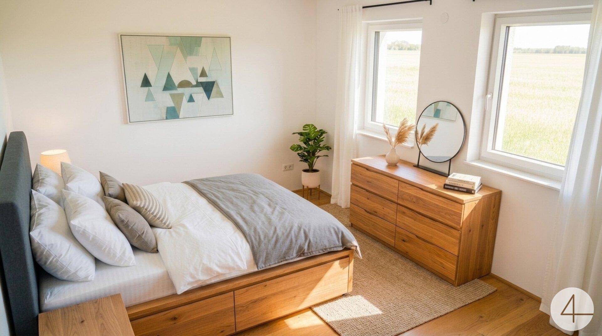Helles Schlafzimmer mit großem Bett, Holzkommode und zwei Fenstern mit weitem Blick ins Grüne.