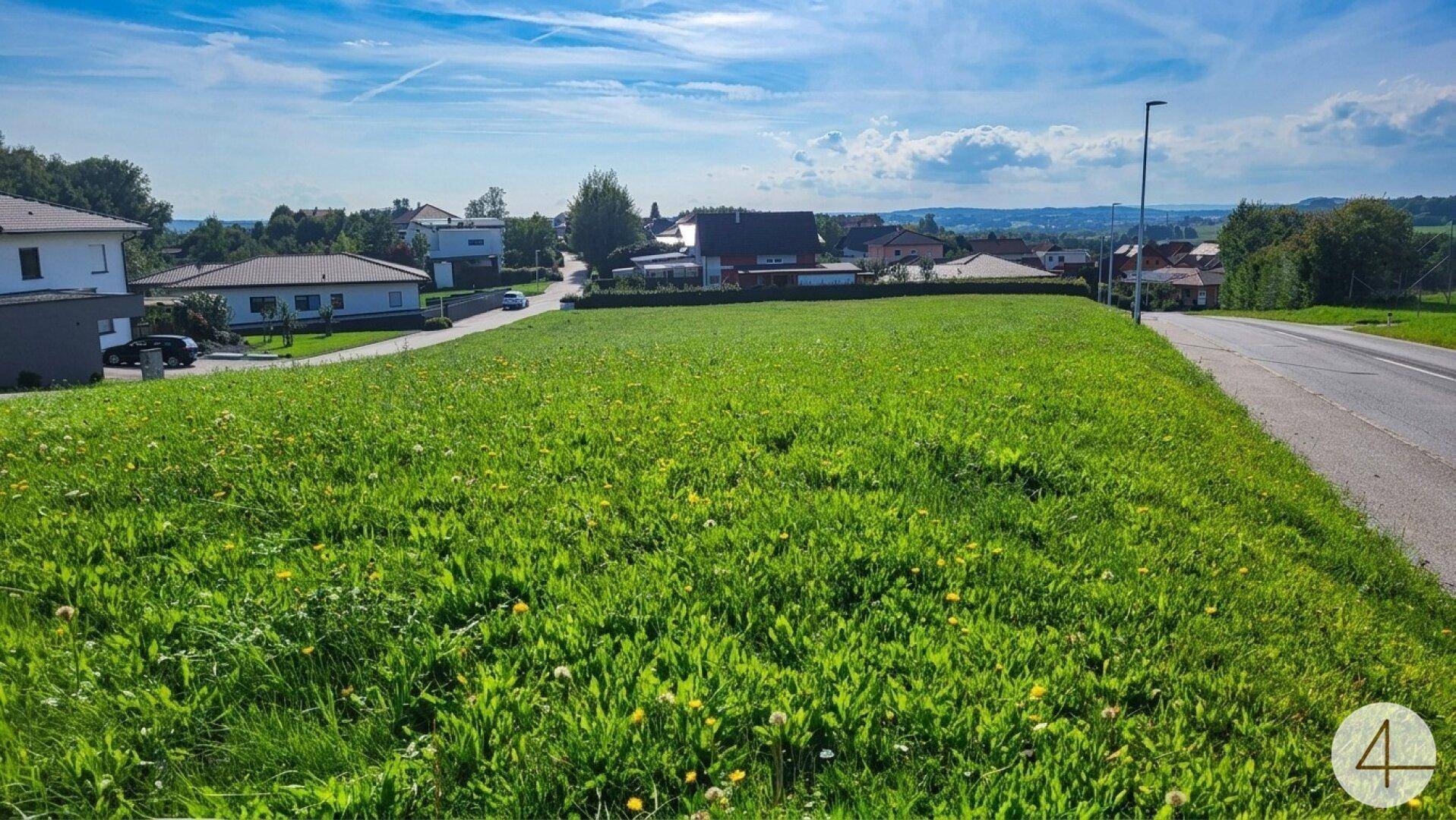 Sonnige Grünfläche mit angrenzender Straße und weitem Blick über die ländliche Umgebung.