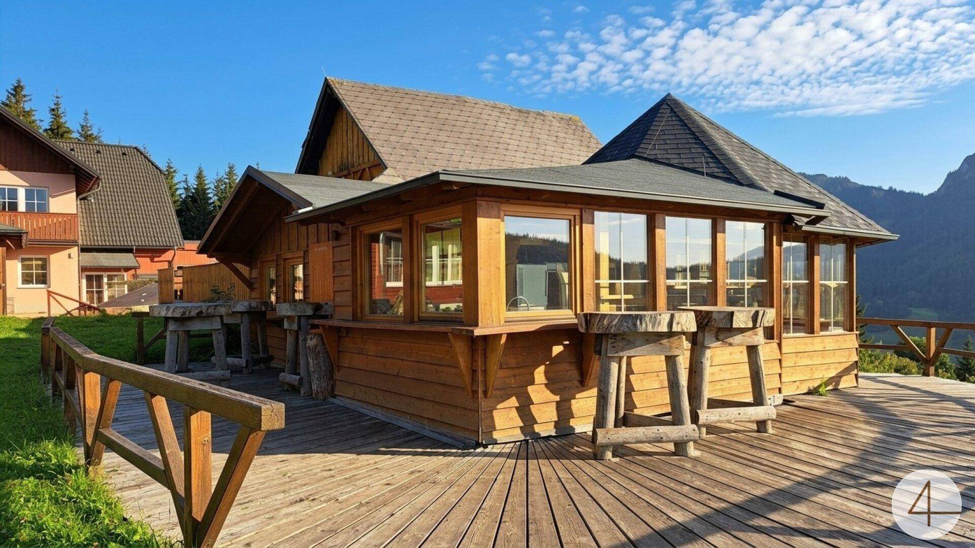 Geräumige Holzterrasse mit rustikalen Tischen vor einem Holzgebäude und Bergblick unter blauem Himmel.