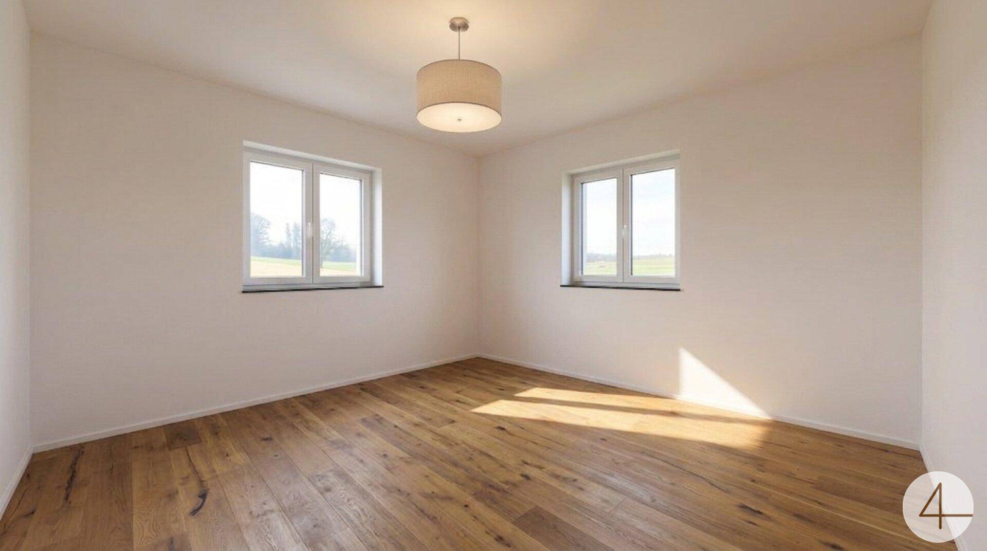Helles Schlafzimmer mit Holzboden und zwei Fenstern, die einen weiten Blick ins Grüne bieten.
