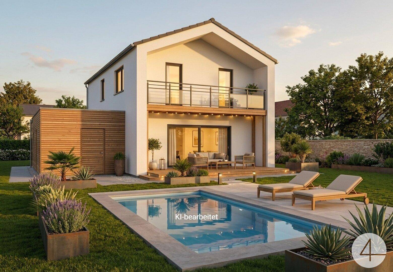 Stilvolles Einfamilienhaus mit großem Garten, Swimmingpool und sonniger Terrasse am Abend.