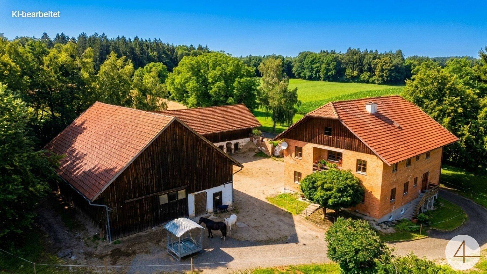Luftaufnahme des Haupthauses und eines Nebengebäudes mit Pferden auf dem Hof.