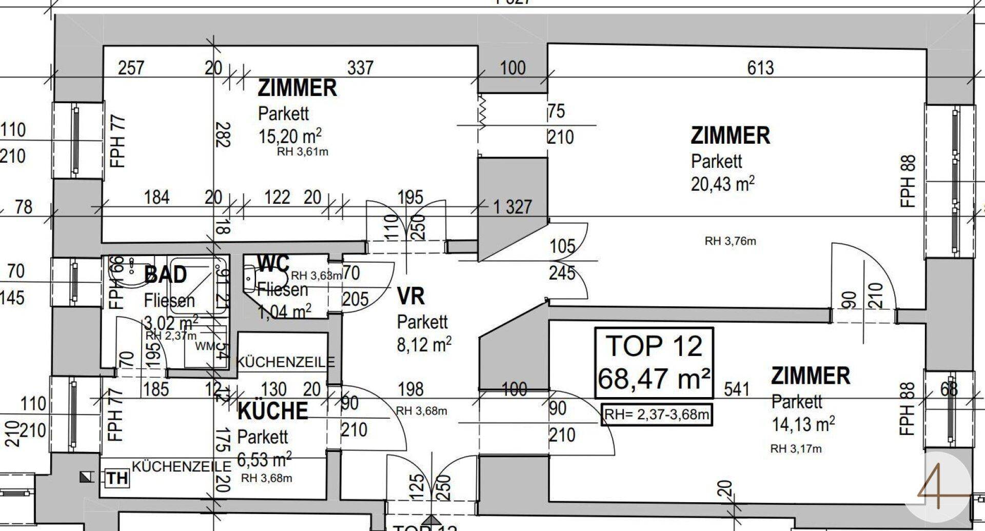 Detaillierter Grundriss der Wohnung mit Zimmeraufteilung und Flächenangaben in Quadratmetern.