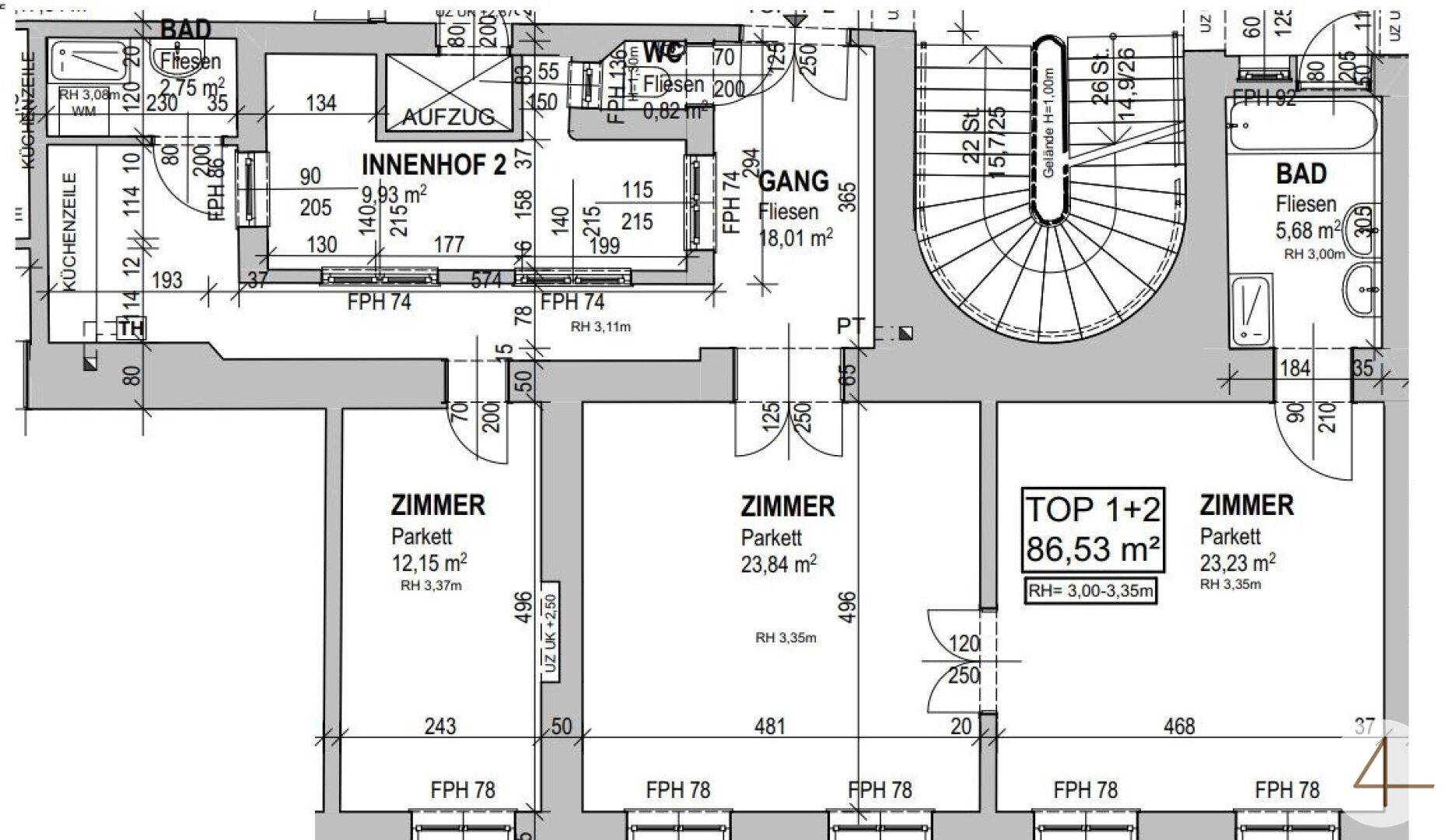 Detaillierter Grundriss mit Raumaufteilung, inklusive Zimmern, Bad, WC und Küche.