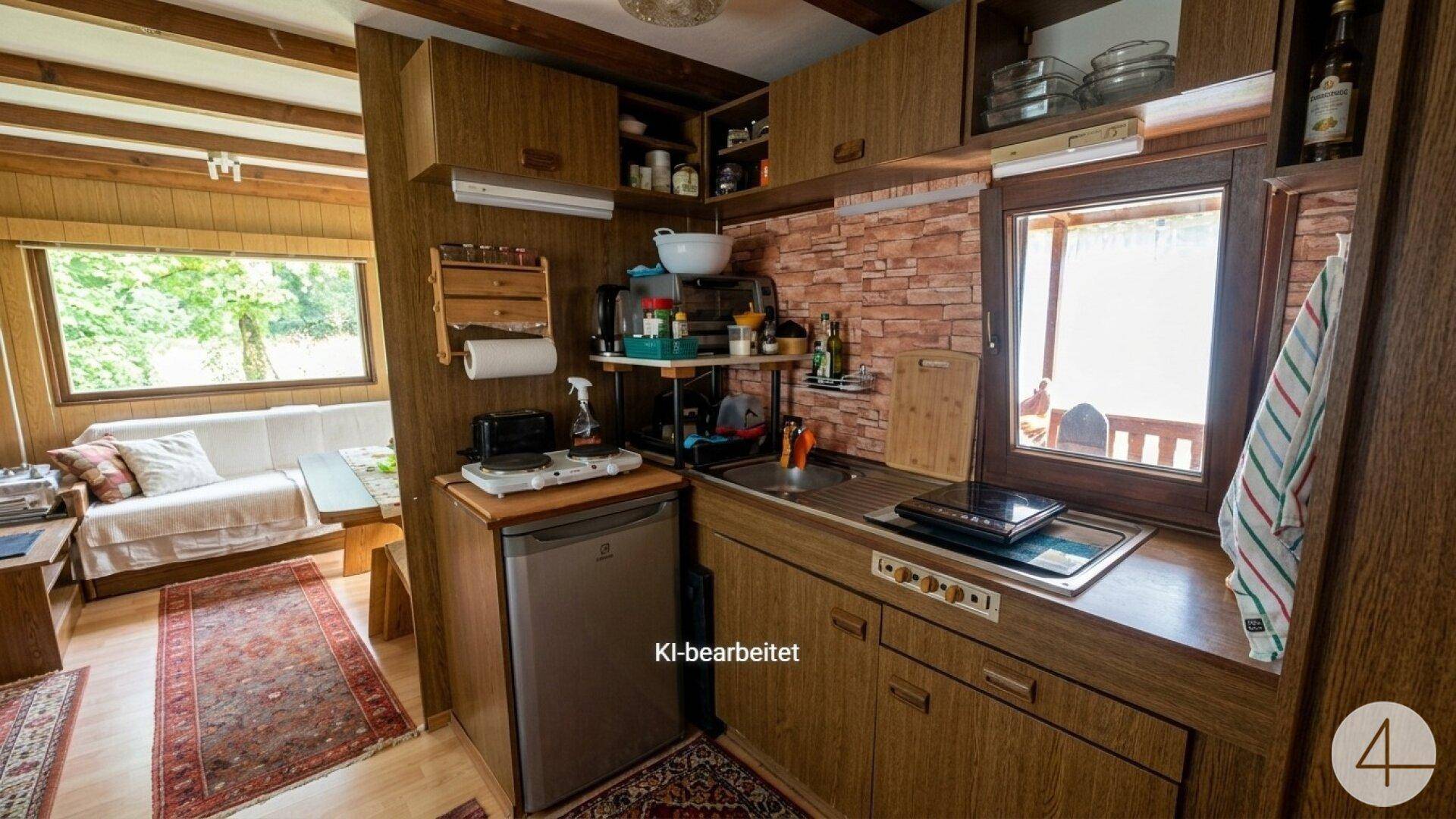 Kleine Küchenzeile mit Spüle, Kochplatte und Kühlschrank in rustikalem Ambiente mit Holzverkleidung.