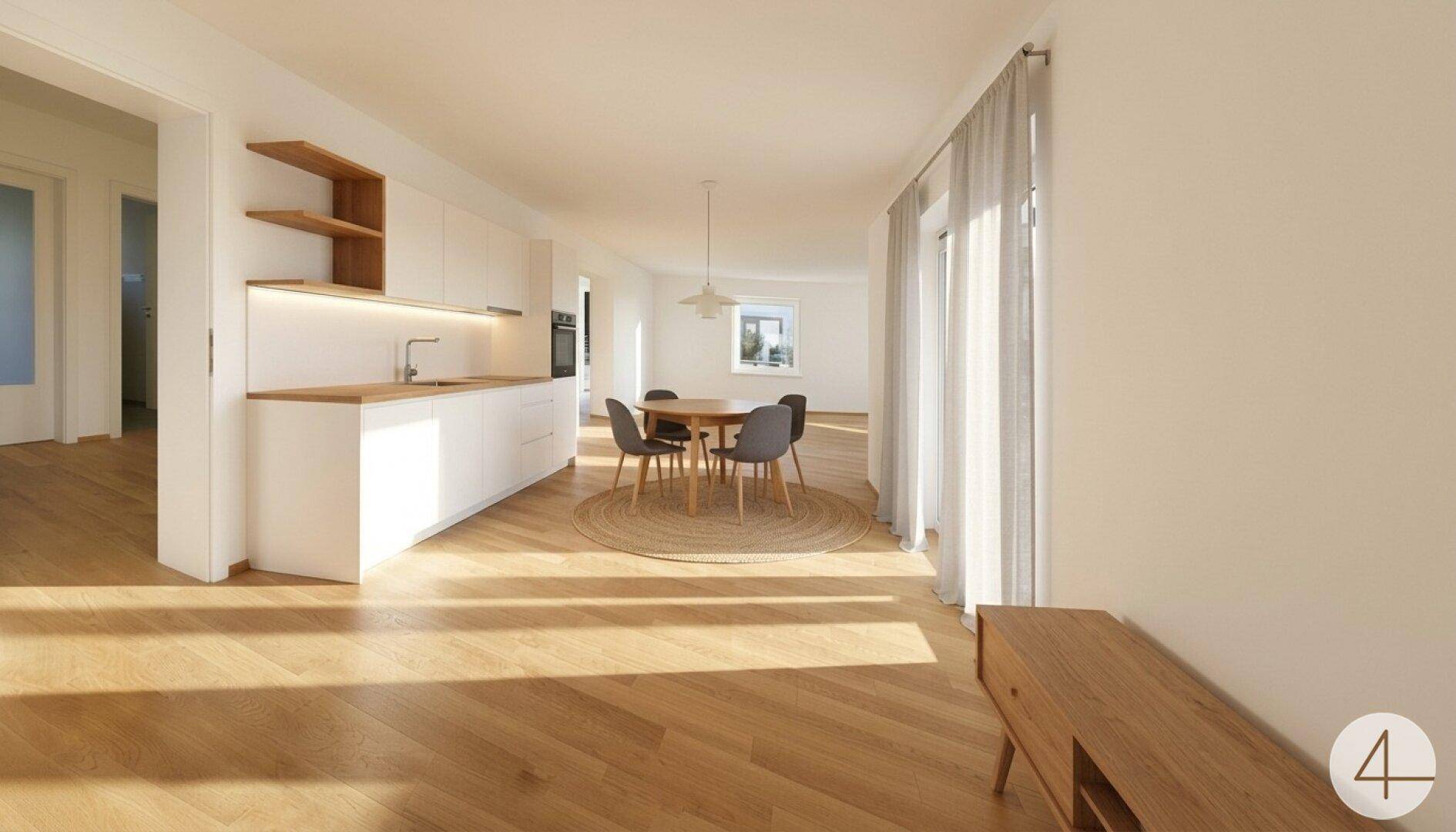 Heller offener Wohnbereich mit moderner Einbauküche, Holzboden und Essbereich, durchflutet von Sonnenlicht.