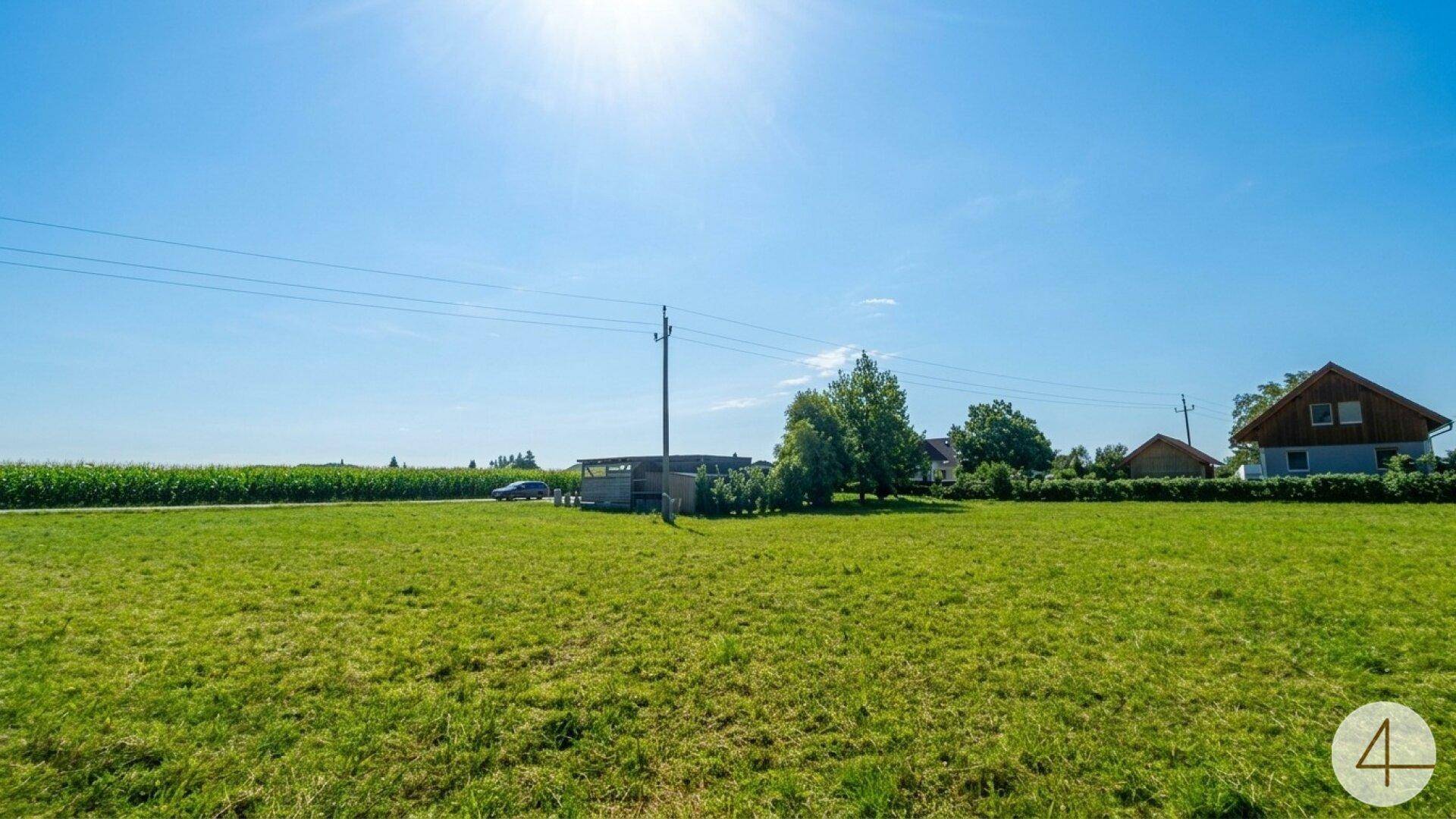 Sonniges Feldgrundstück mit weitem Blick auf die Landschaft und einzelne Gebäude am Horizont.