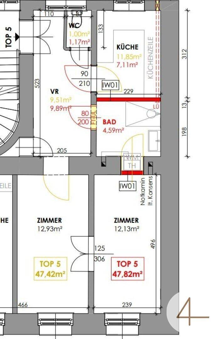 Grundriss zeigt die Aufteilung einer Wohnung mit Küche, Bad, WC und zwei Zimmern.