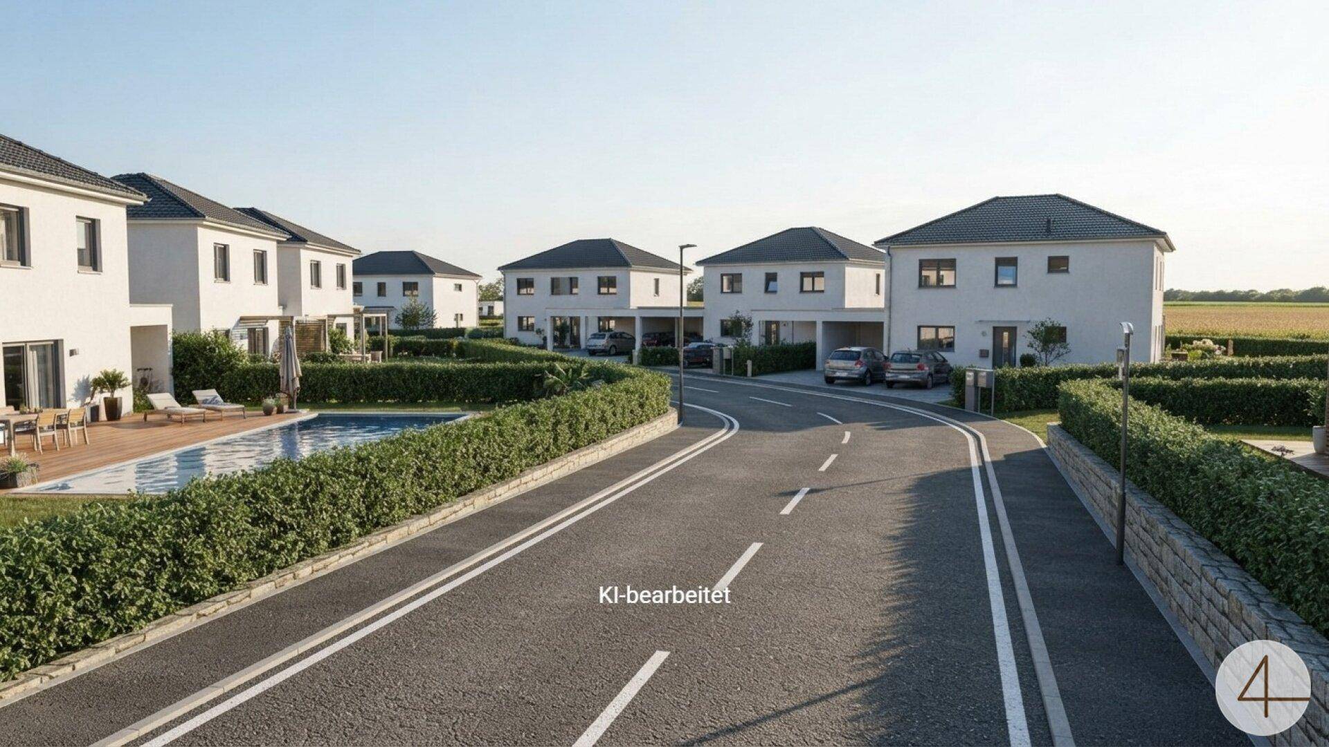 Eine ruhige Wohnstraße mit modernen Einfamilienhäusern und gepflegten Hecken.