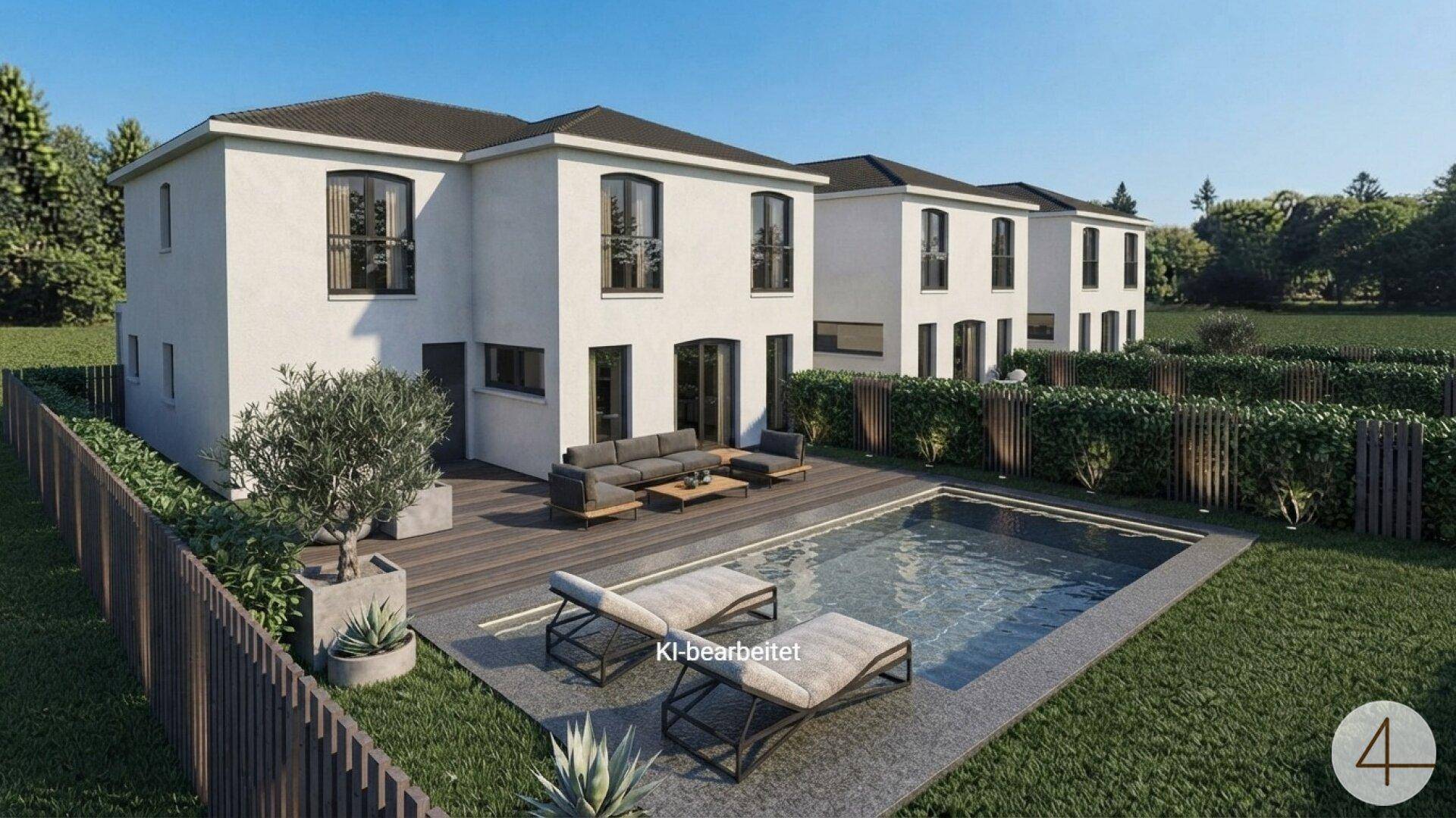 Ansicht von oben auf moderne Häuser mit privatem Garten, Pool und Holzterrasse.