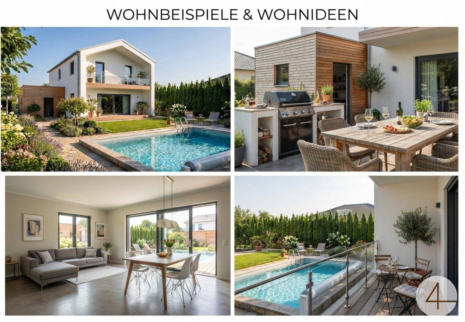 Kollage mit Wohnbeispielen, die einen modernen Wohnbereich, Außenküche und Poolbereich zeigen.