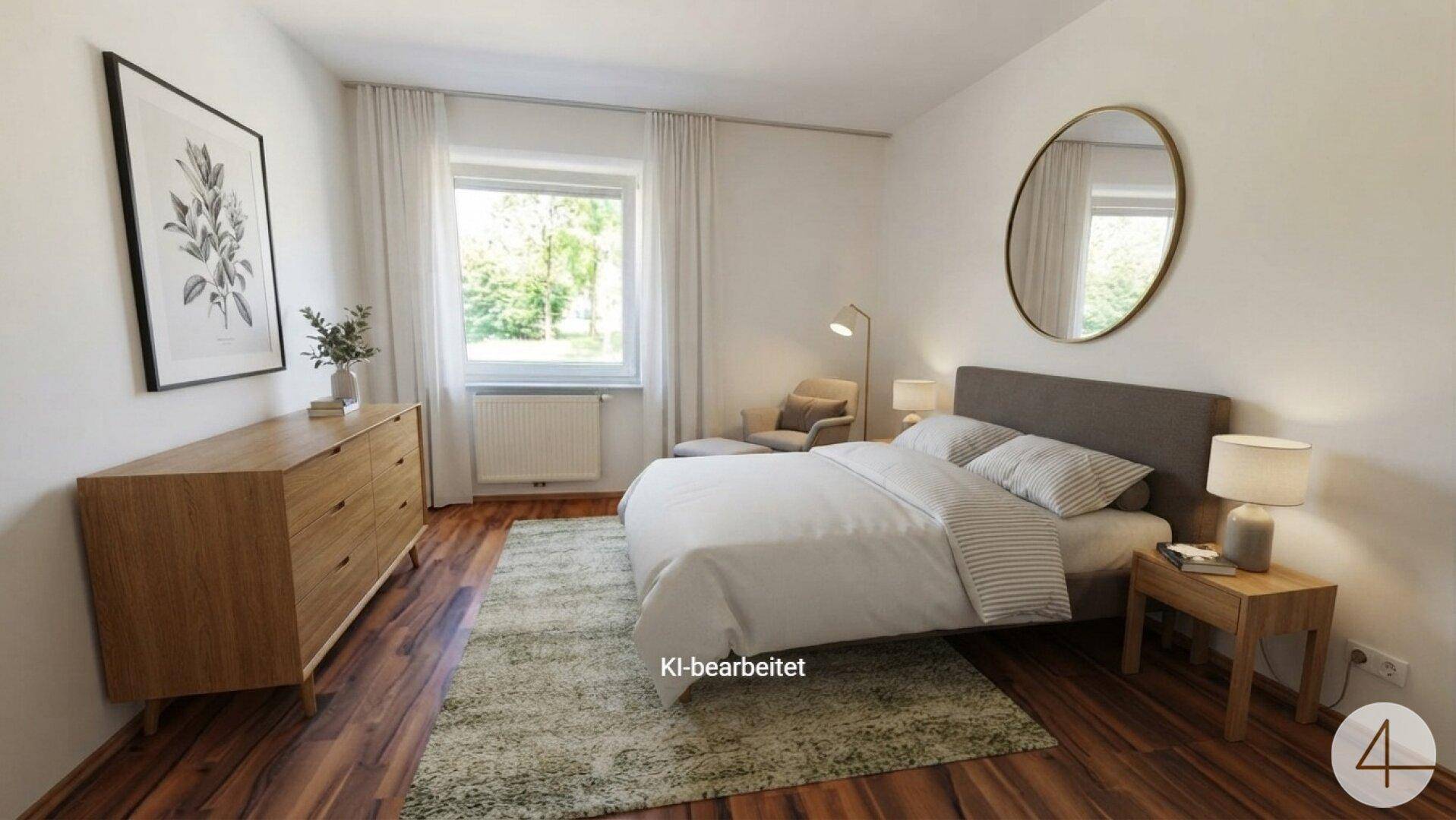Gemütliches Schlafzimmer mit Doppelbett, Holzmöbeln und Blick ins Grüne durch das Fenster.