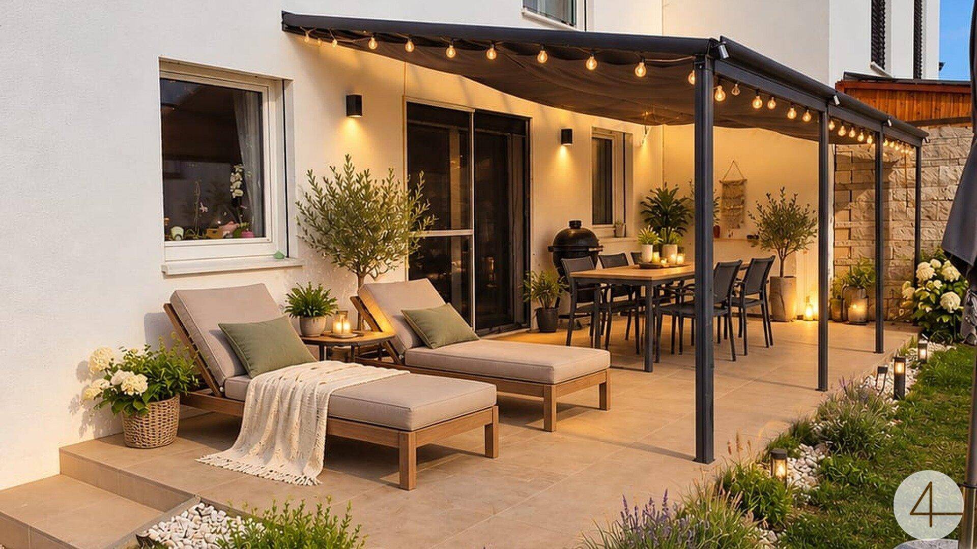 Stimmungsvoll beleuchtete Terrasse mit Essbereich und Liegestühlen für entspannte Abende im Freien.