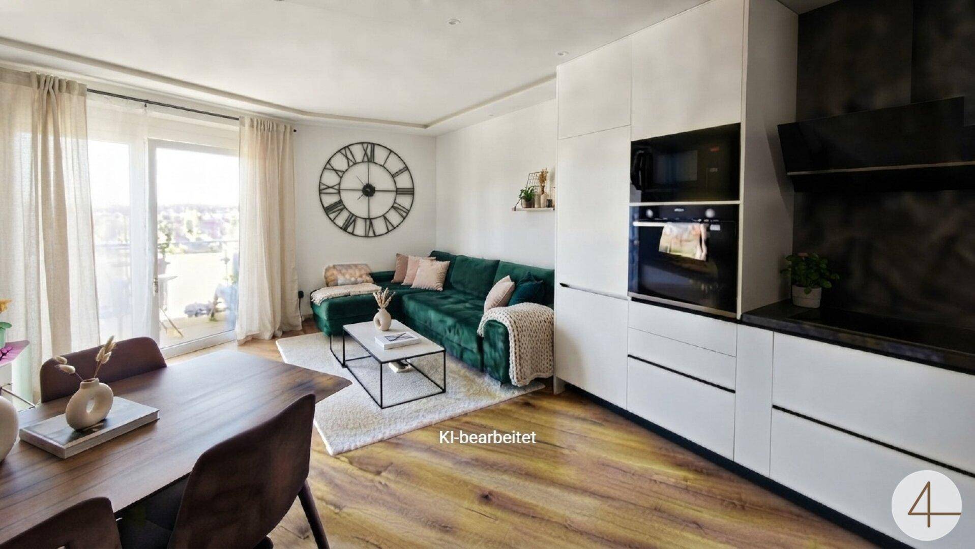 Heller offener Wohn- und Essbereich mit moderner Einbauküche und Zugang zu einem Balkon.