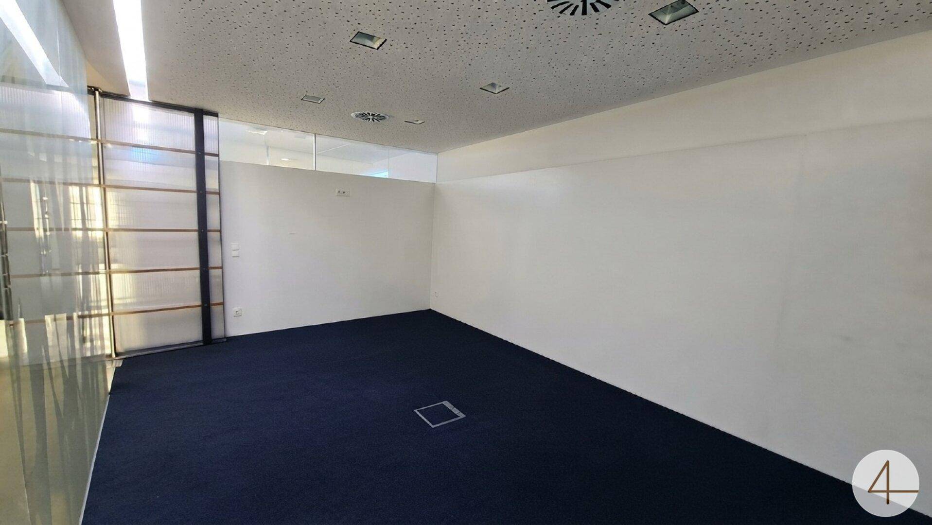 Moderner Büroraum mit blauem Teppichboden und Glaswänden für eine offene Atmosphäre.