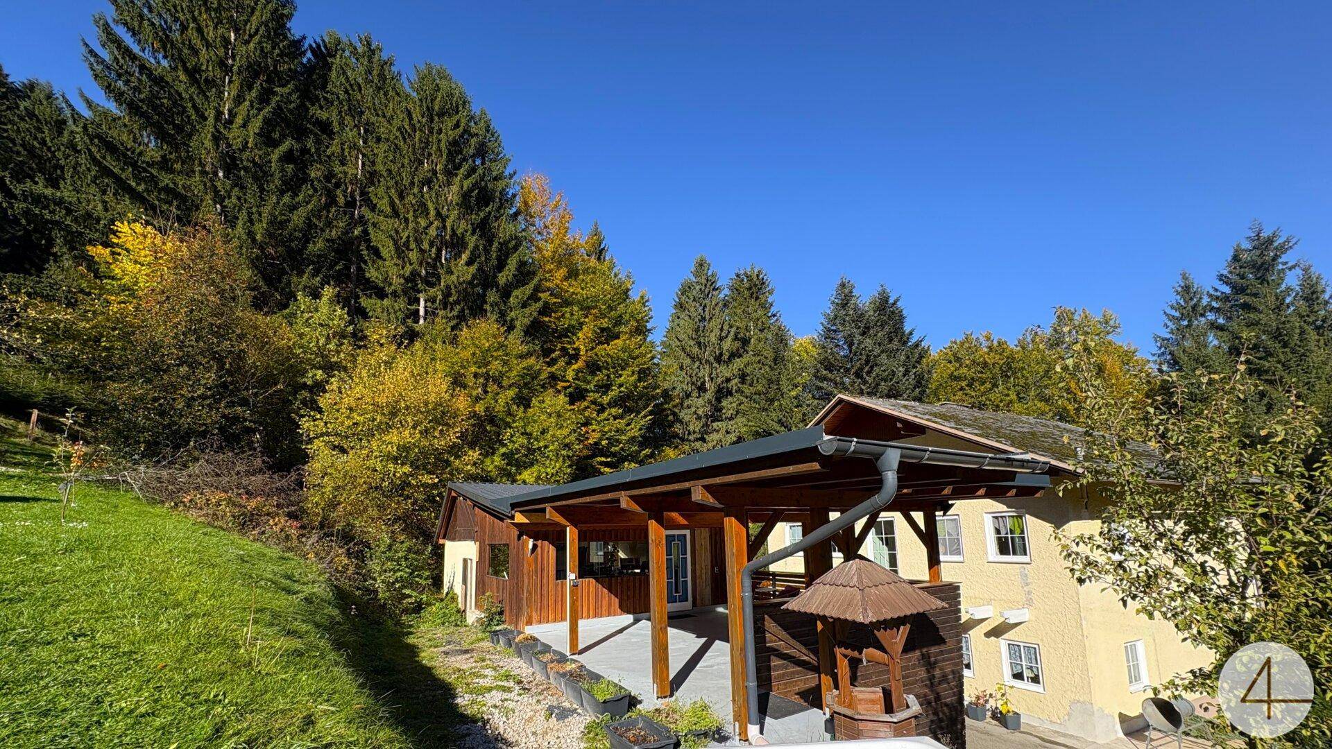 Gesamtansicht des Hauses mit überdachtem Bereich und Brunnen, umgeben von Wald und Wiesen.