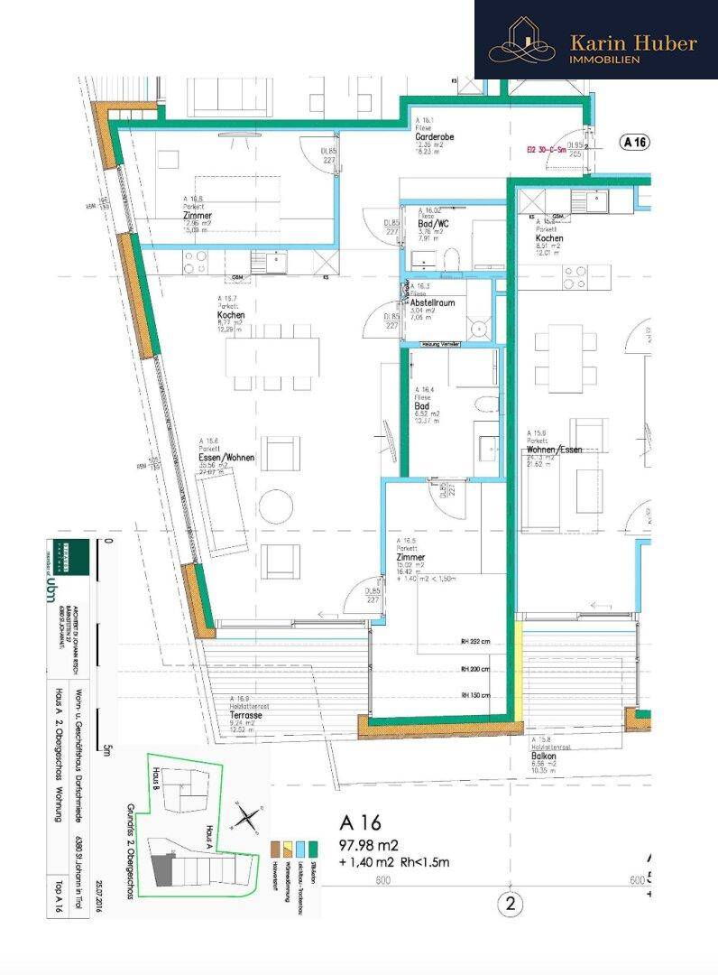 Detaillierter Grundriss einer Wohnung A16 mit 97,98 m² Wohnfläche und Balkon.