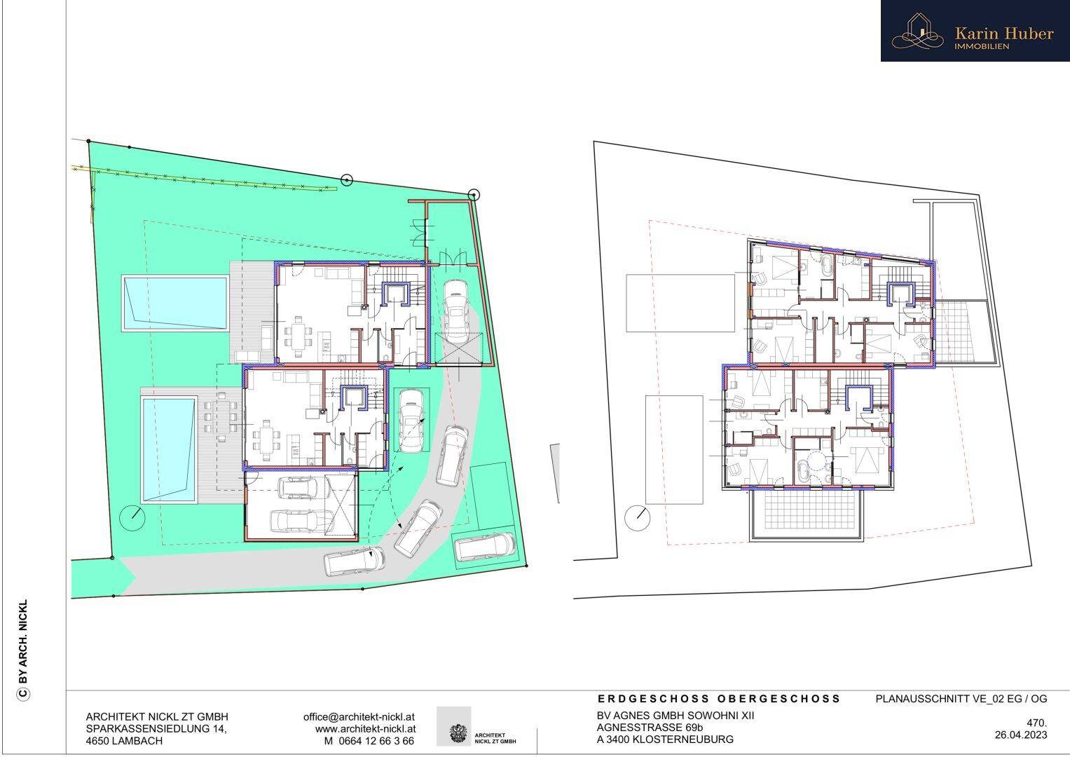 Detaillierter Grundrissplan mit zwei Wohneinheiten, Garten und Poolbereich.