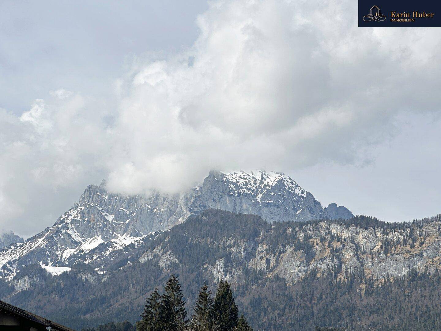 Beeindruckender Blick auf schneebedeckte Berge und bewaldete Hänge unter bewölktem Himmel.