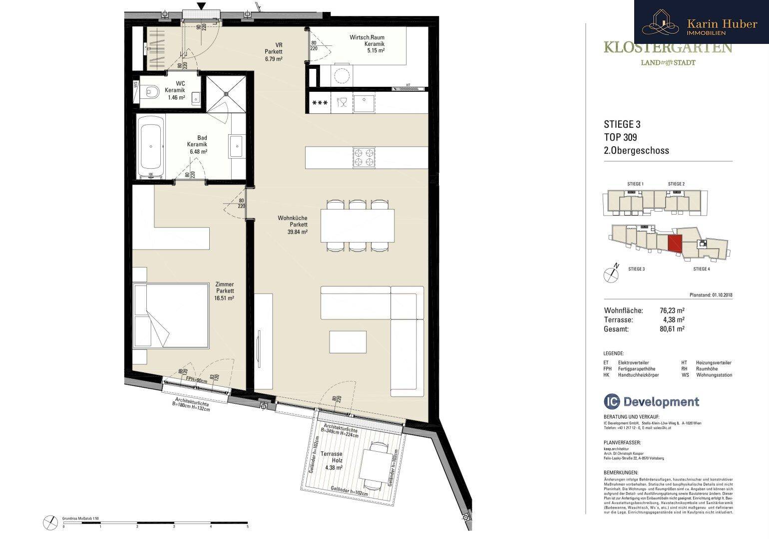 Detaillierter Grundriss der Wohnung Top 309 im 2. Obergeschoss mit Terrasse und WC.