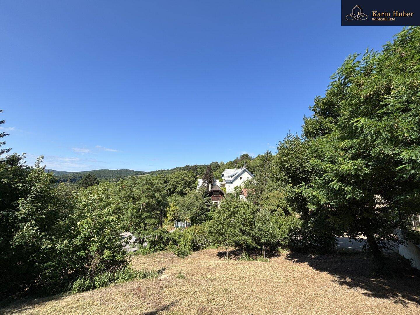 Panoramablick über eine grüne Landschaft mit vereinzelten Häusern auf einem Hügel unter strahlend blauem Himmel.
