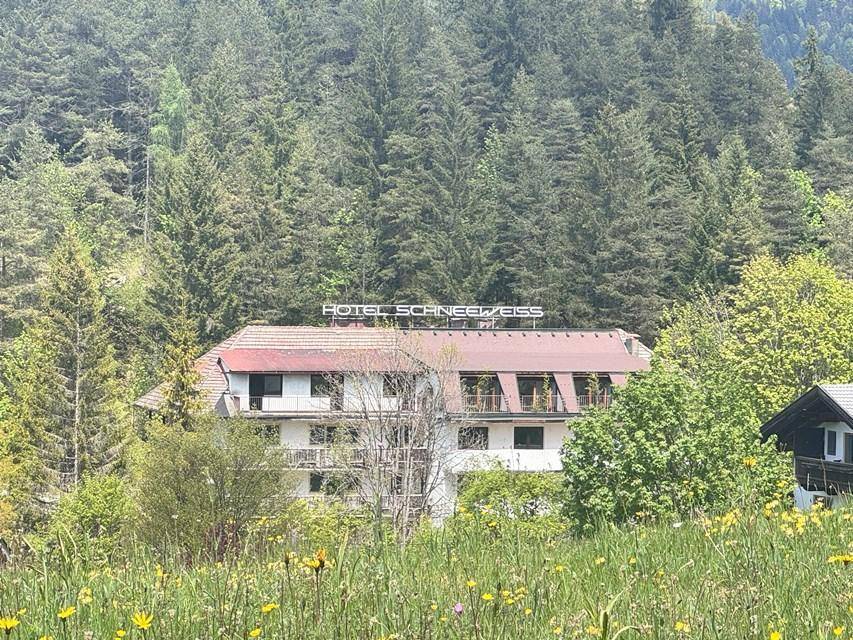Das Hotelgebäude, eingebettet in eine grüne Wiese mit Wildblumen und umgeben von hohen Bäumen.