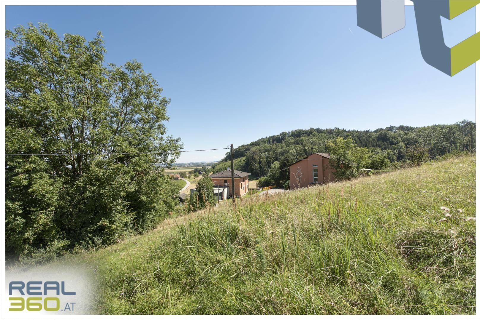 Panoramablick über eine hügelige Landschaft mit Wohnhäusern und weiten Feldern unter blauem Himmel.