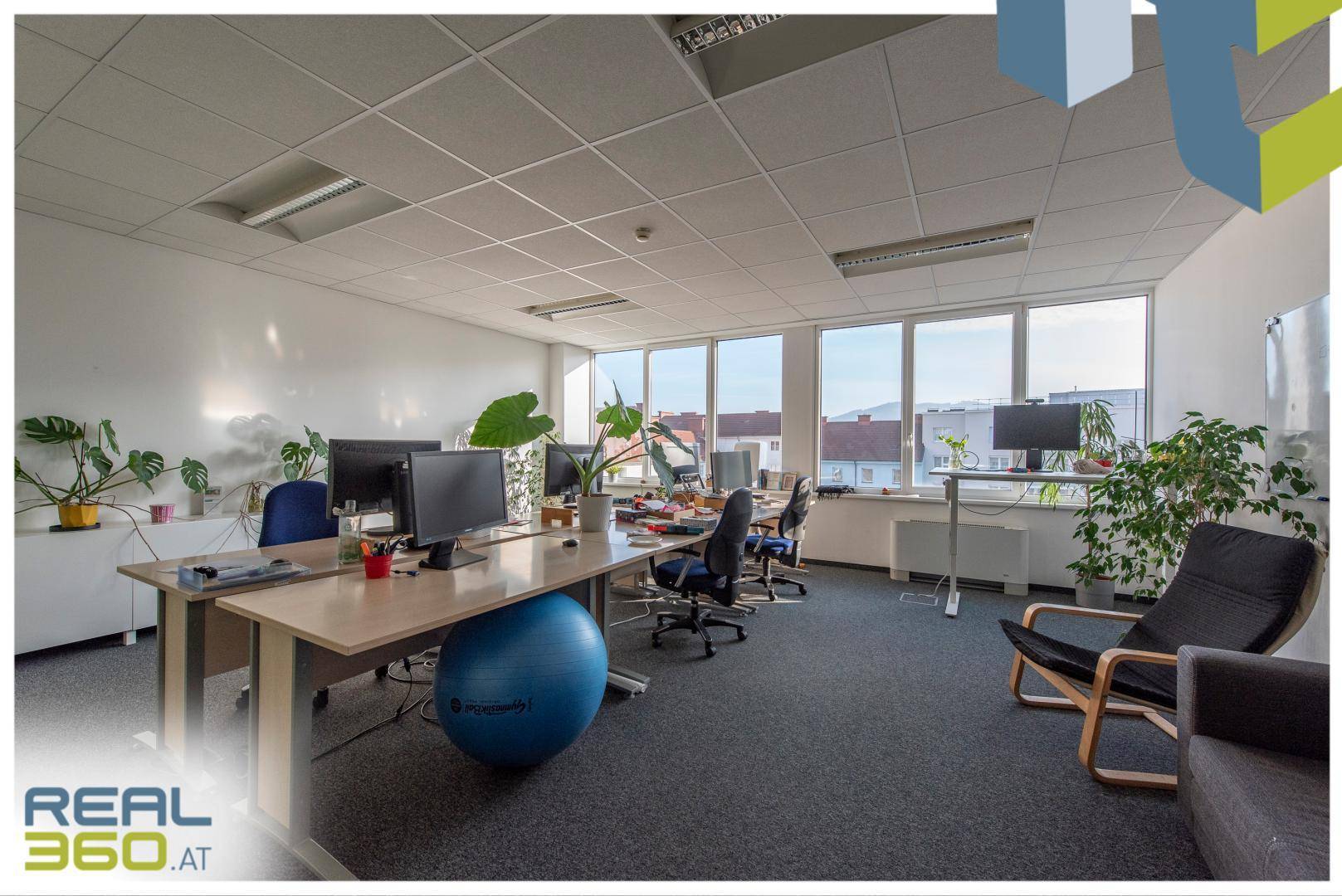 Helles Büro mit mehreren Arbeitsplätzen, Pflanzen und einem Gymnastikball, fördert eine aktive Arbeitsumgebung.