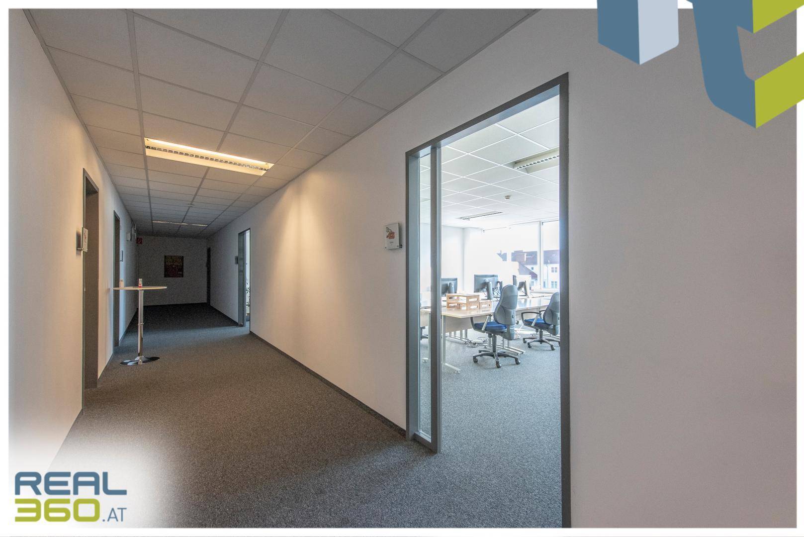 Langer Bürogang mit Teppichboden und Zugang zu mehreren Büroräumen, hell beleuchtet.