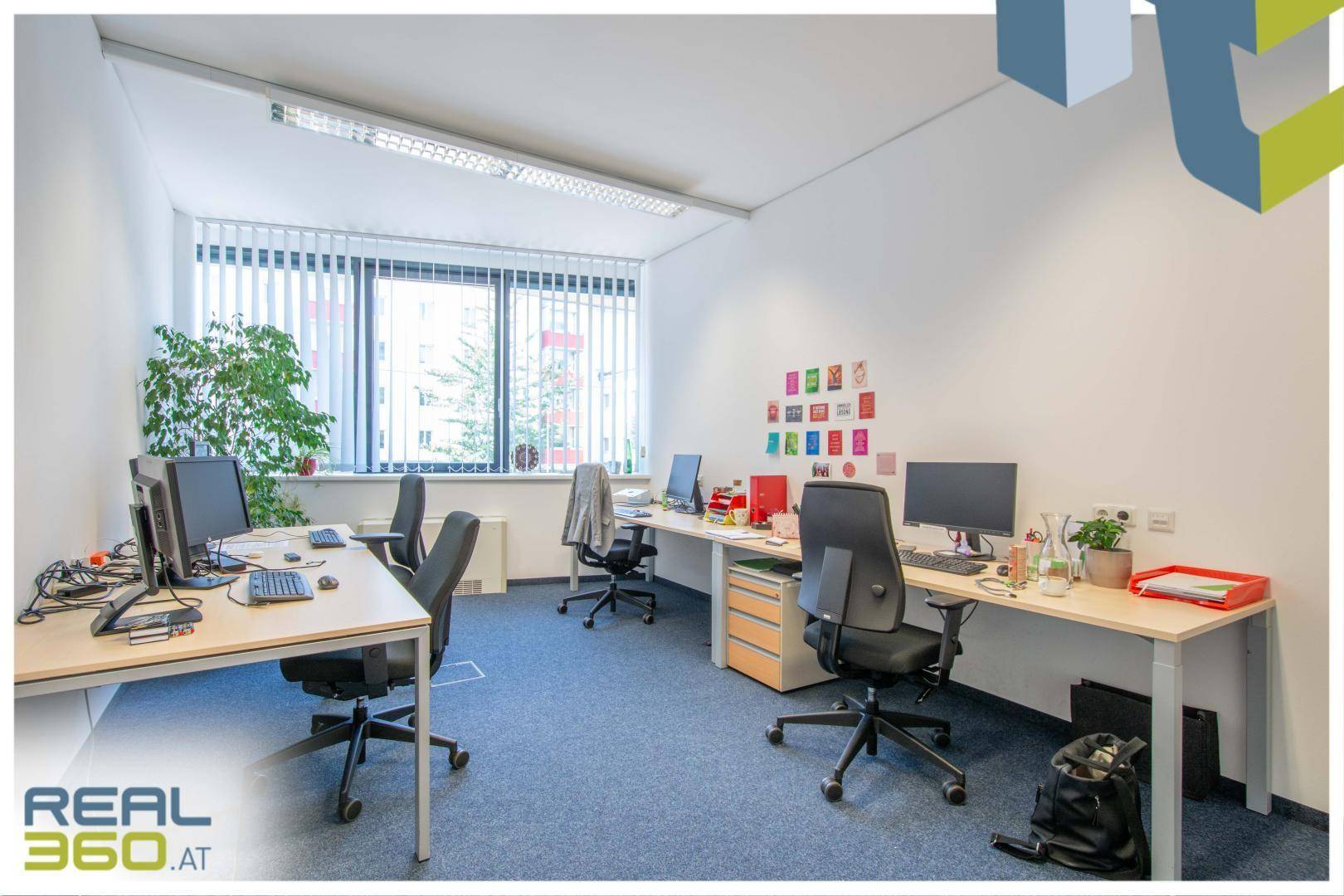 Geräumiges Großraumbüro mit mehreren Schreibtischen, ergonomischen Stühlen und heller Beleuchtung.