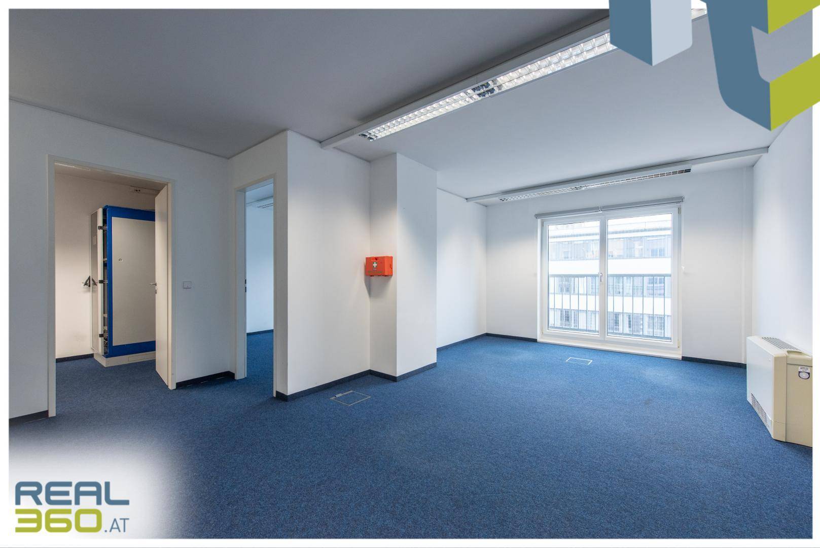 Offener Bürobereich mit blauem Teppichboden, weißen Wänden und Zugang zu weiteren Räumen.