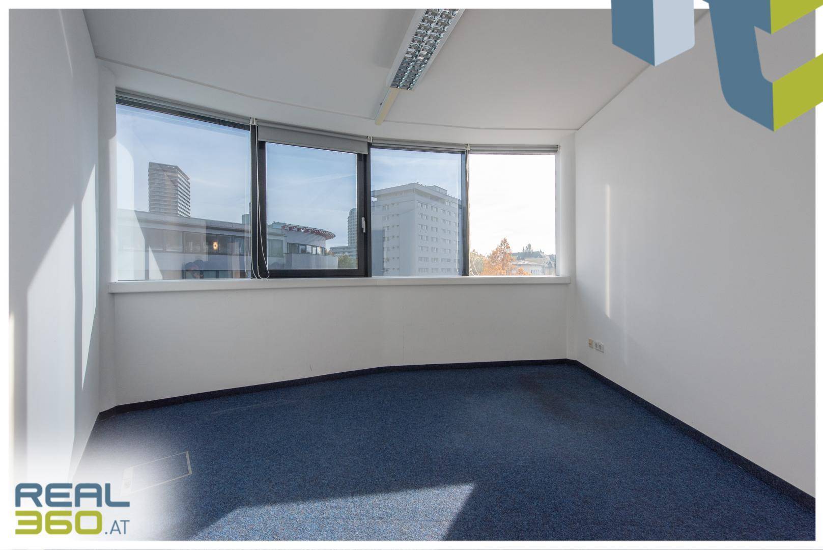 Geräumiger Büroraum mit blauem Teppichboden und einer weiten Fensterfront, die viel Helligkeit bietet.