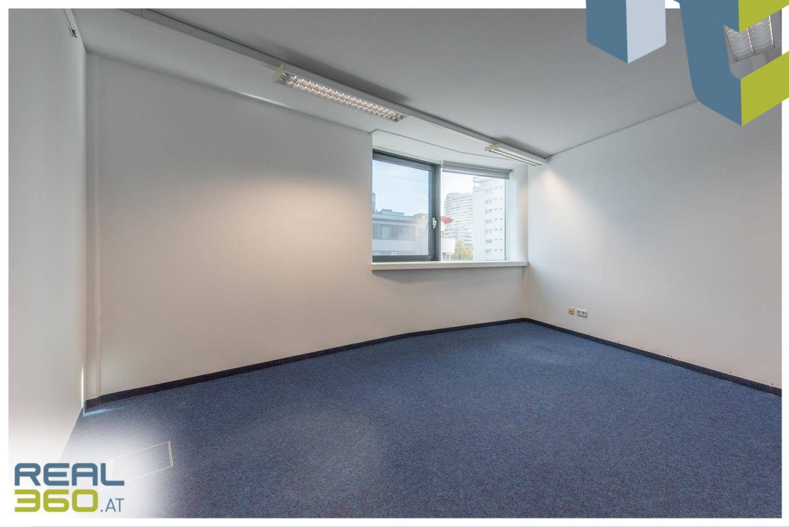 Kleinerer Büroraum mit blauem Teppichboden, weißen Wänden und einem einzelnen Fenster.