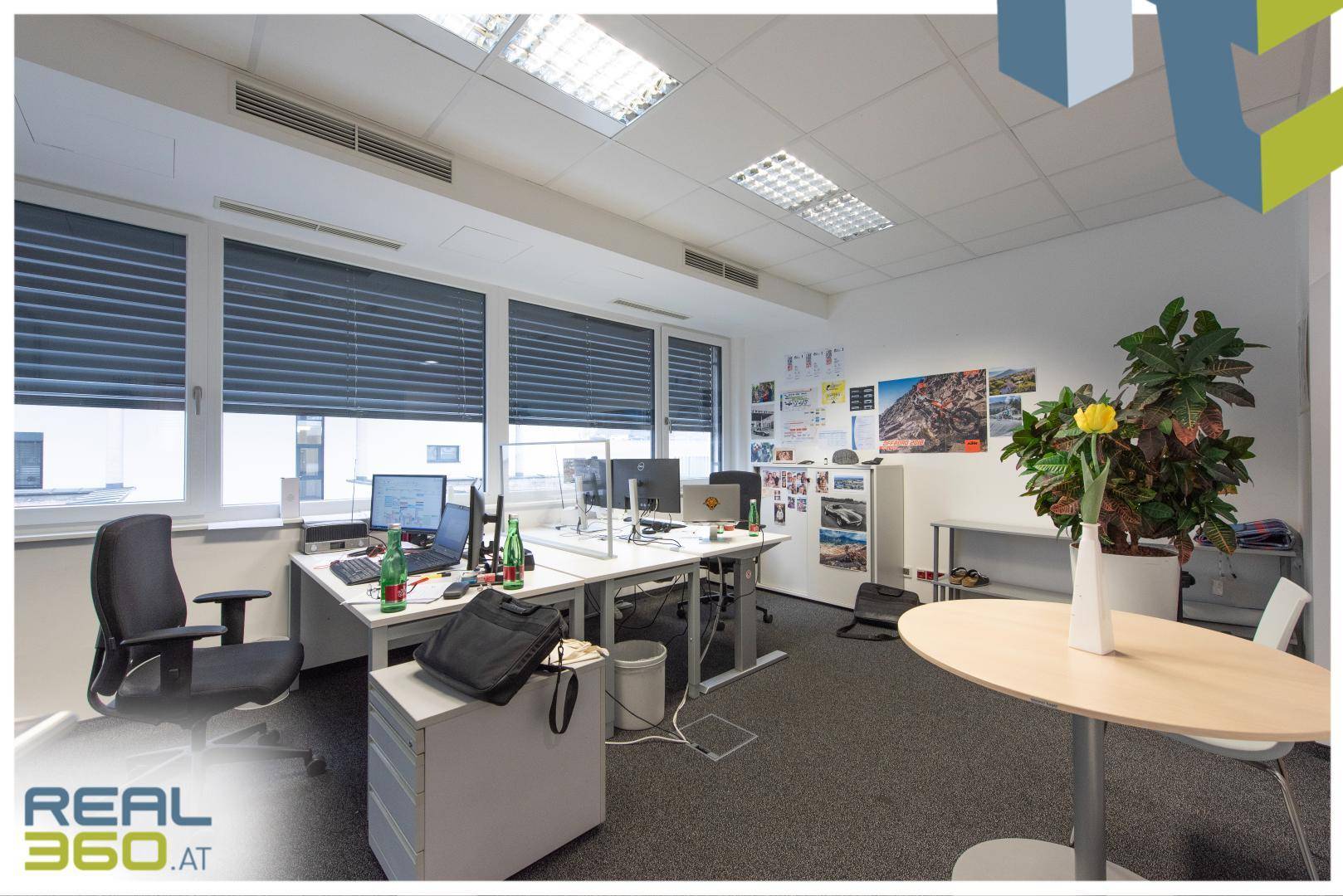 Offenes Büro mit mehreren Arbeitsplätzen, einem runden Besprechungstisch und viel Tageslicht.