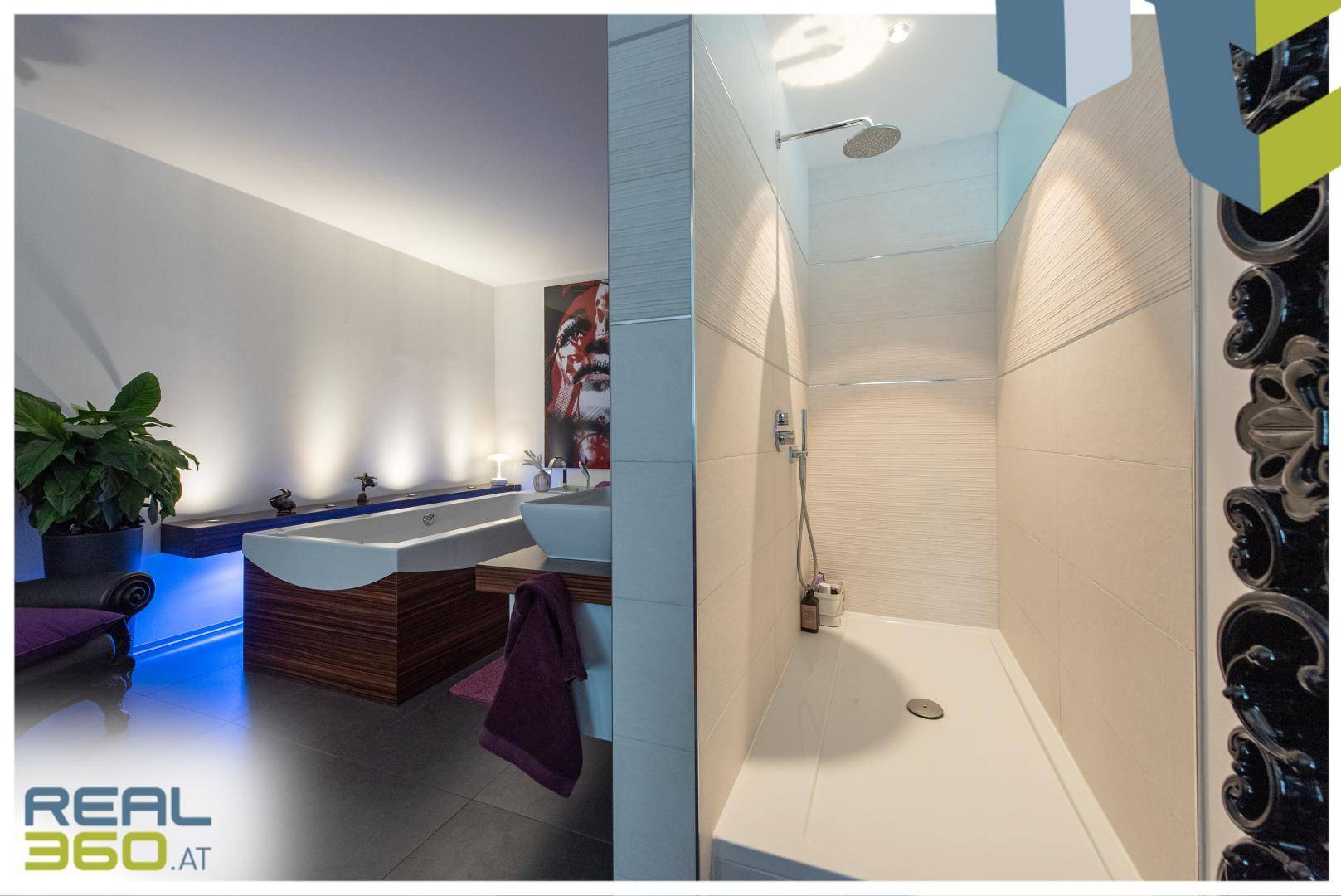 Modernes Badezimmer mit freistehender Badewanne und separater begehbarer Dusche.