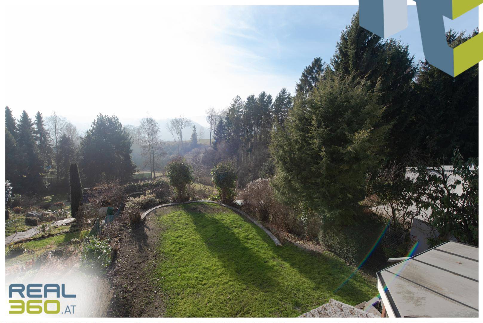 Gepflegter Gartenbereich mit Rasenfläche und hohen Bäumen unter blauem Himmel.