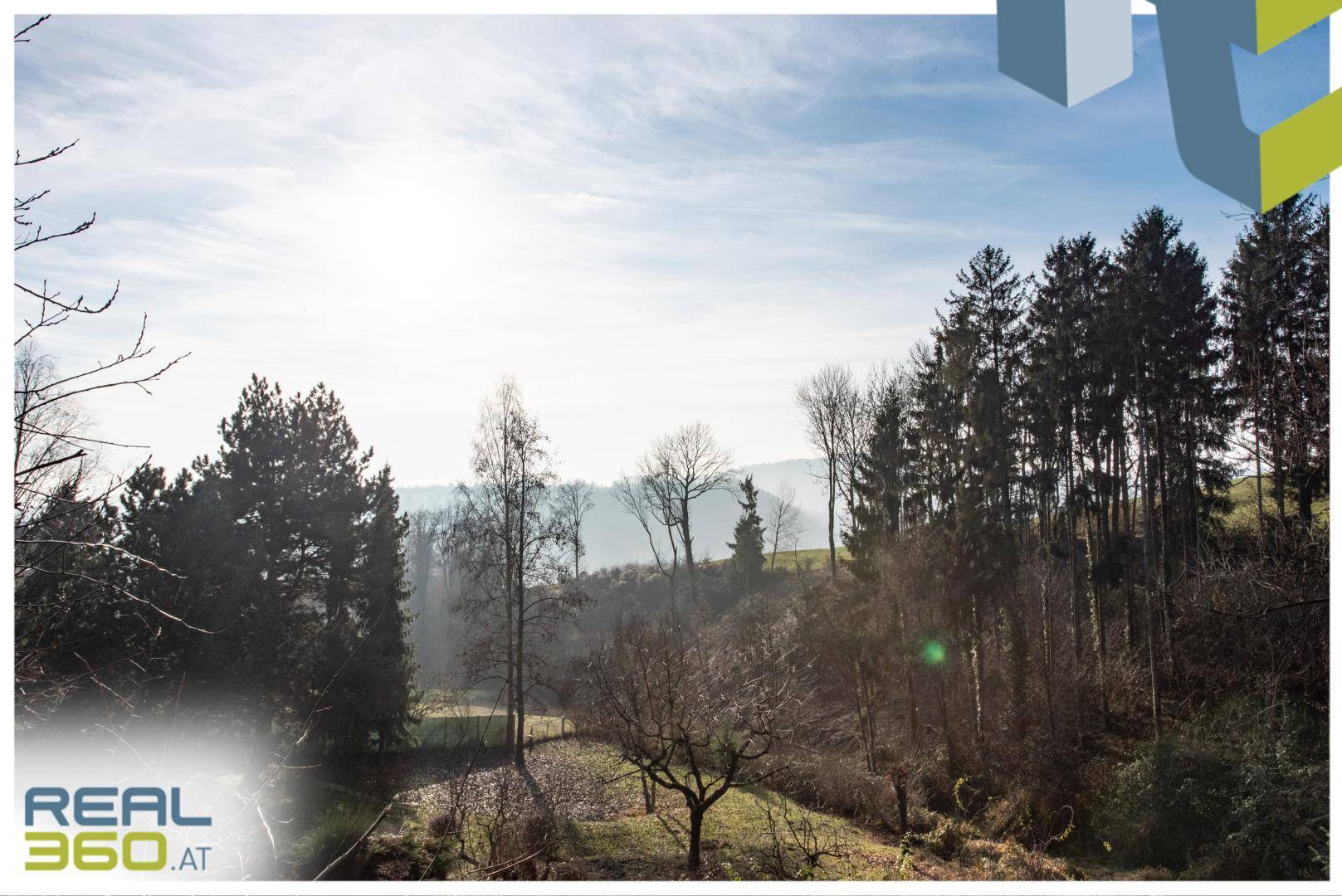 Malerischer Ausblick auf bewaldete Hügel und weite Natur unter blauem Himmel.