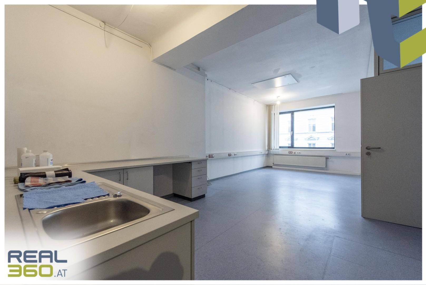 Arbeitsbereich mit Spülbecken und Ablageflächen, im Hintergrund ein Fenster, das Tageslicht in den Raum bringt.