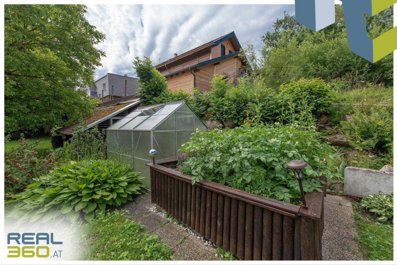 Grüner Gartenbereich mit einem Gewächshaus und üppiger Vegetation auf einem Hanggrundstück.