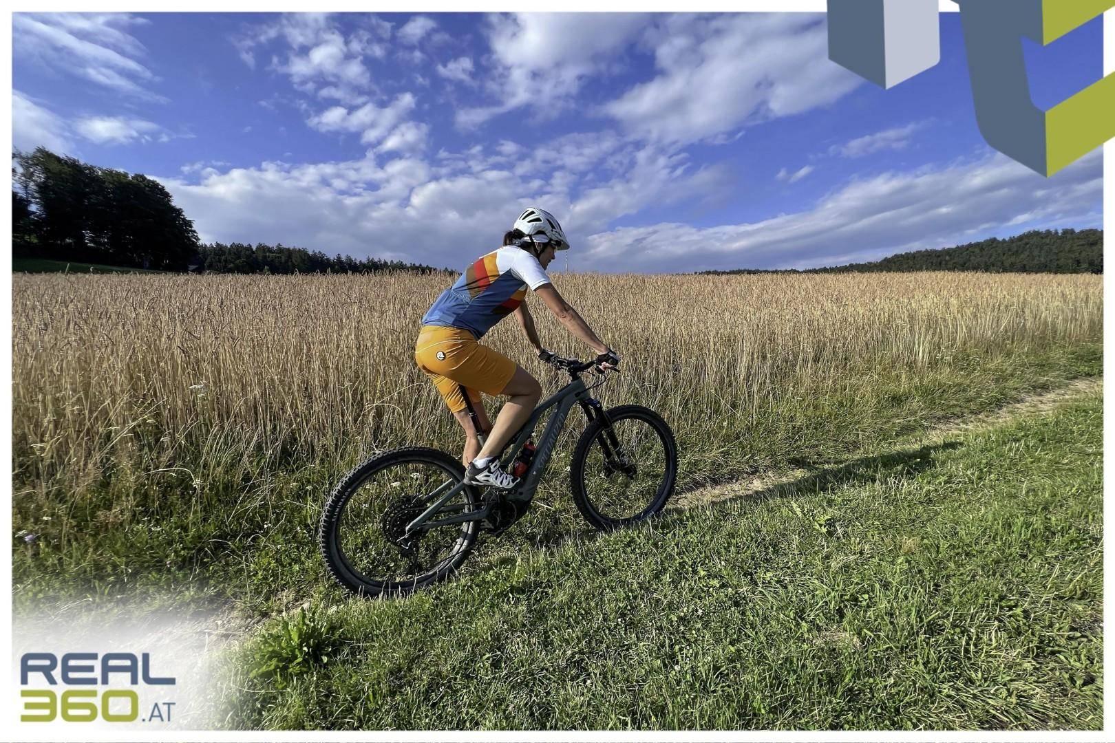 Person auf einem Mountainbike fährt auf einem Feldweg entlang eines goldenen Getreidefeldes unter blauem Himmel.