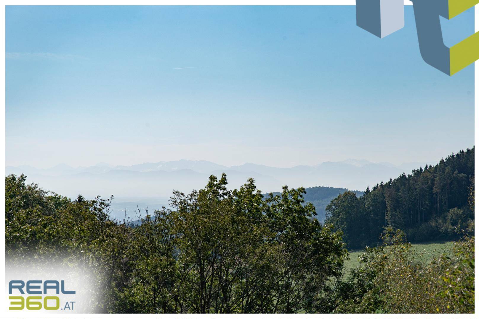 Panoramablick über eine hügelige Landschaft mit Wäldern und fernen Bergen am Horizont.